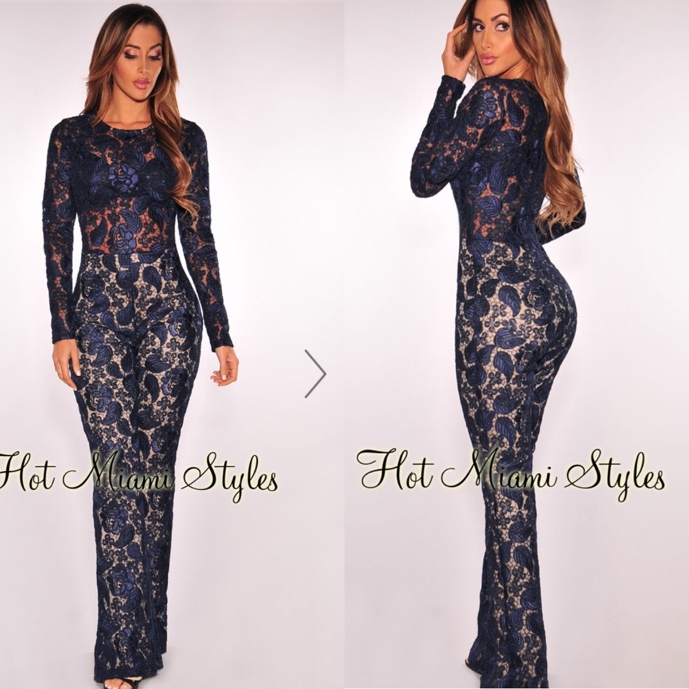 🔥All lace— embroidered Illusion jumpsuit Navy🔥